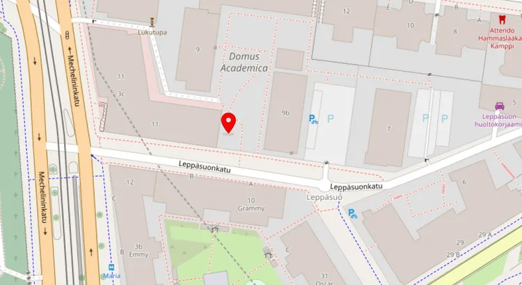 Karttakuva: punainen merkki osoittaa Domus Gaudiumin esteettömän sisäänkäynnin Leppäsuonkadun varrella, rakennuksen Leppäsuonkatu 11 päädyssä Domus Academican puolella. Mechelininkatu kulkee kartan vasemmassa reunassa.