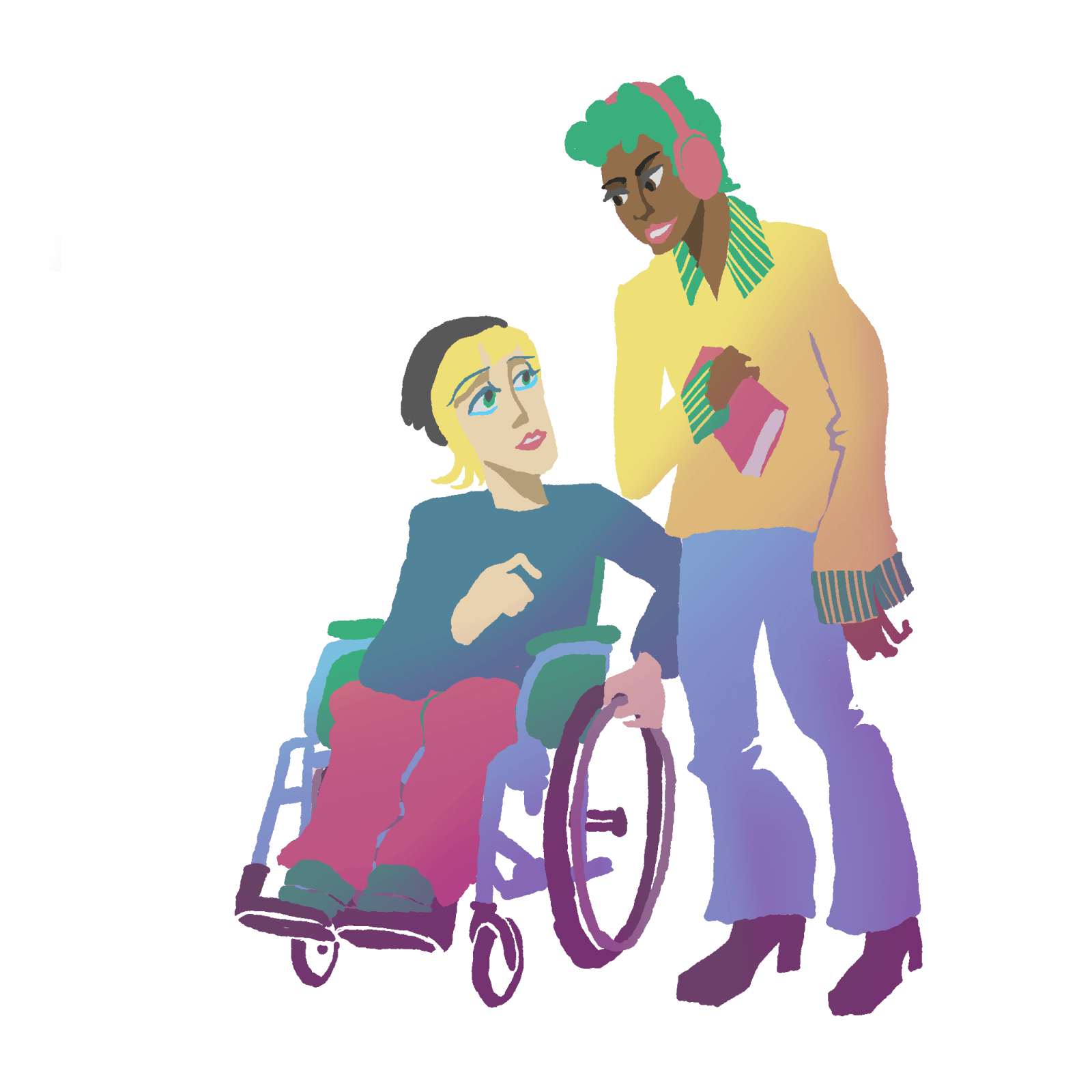 A colorful illustration made by Elfim Trotsak shows two crip students, both dressed in bright colors and looking at each other. The one on the left is fair-skinned, wearing a beanie and sits in a wheelchair. The one on the right has dark skin, is holding a book and wearing noise-canceling headphones.